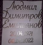 Метални букви от хромникелова ламарина с дебелина 5 мм, предназначени за надпис на надгробен паметник, с ръкописен шрифт с мостчета между буквите, за да образуват дума